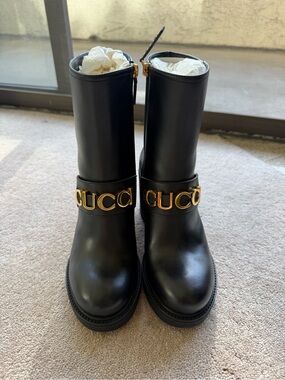 Gucci Black Leather Mid-Calf Boots with Gold GUCCI Logo